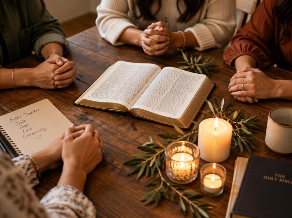 Women gathered in prayer around an open Bible