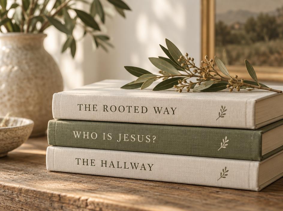 Stack of linen-bound books with an olive sprig