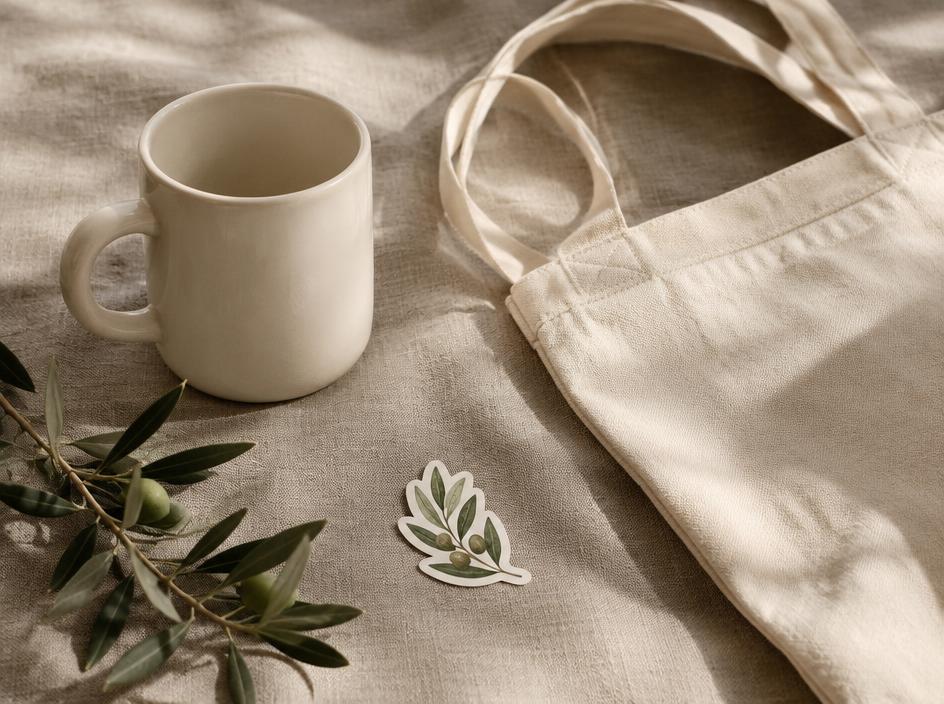 Ivory mug and canvas tote with olive leaves